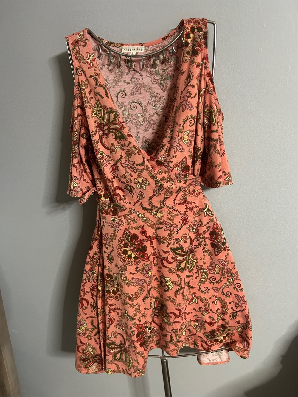 Copper Key One-Shoulder Coral Pink Paisley Wrap Dress